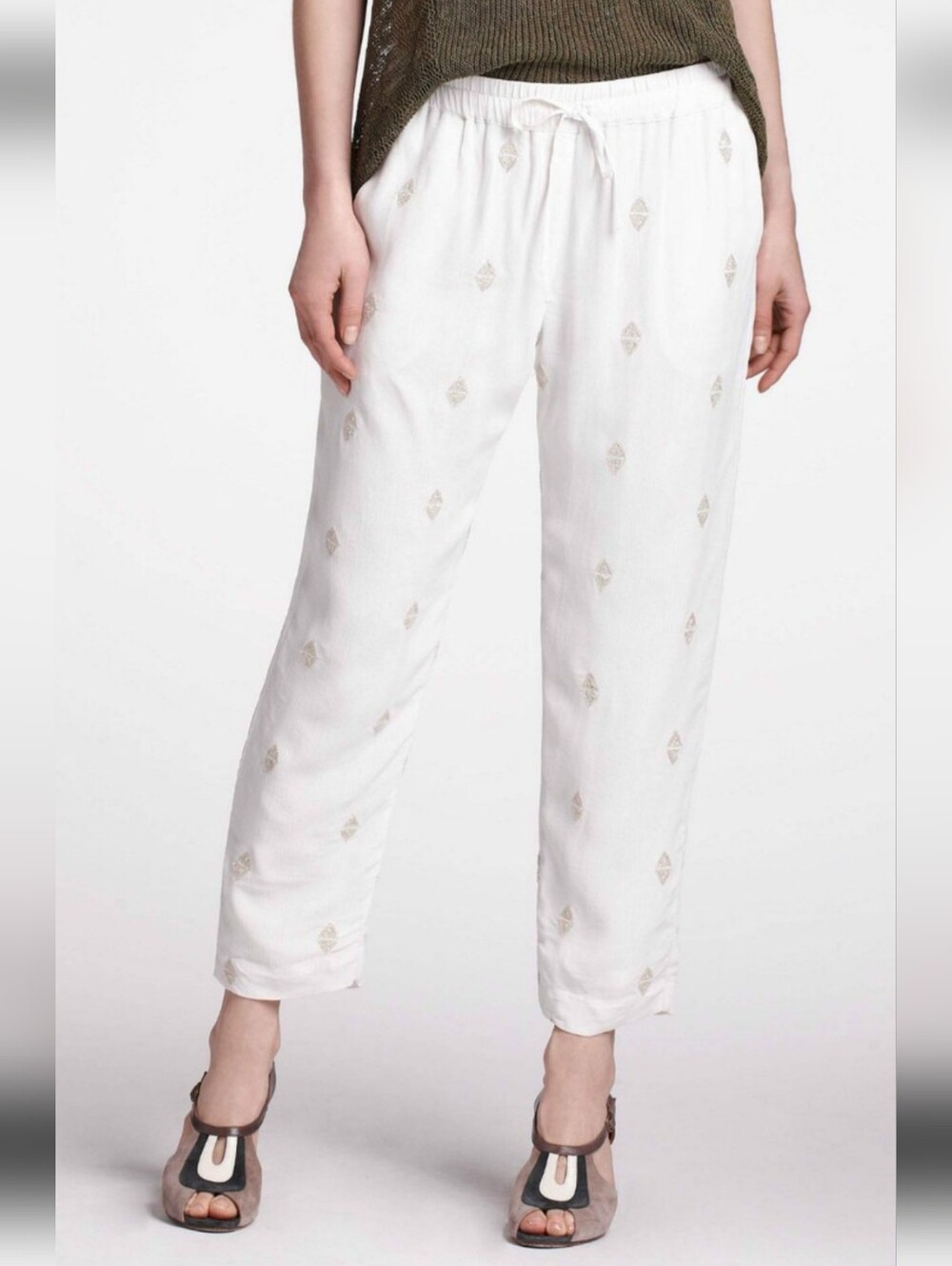 Anthropologie White Flowy Ankle Pants 8 Sheer Beaded Boho Casual Pull On Tapered